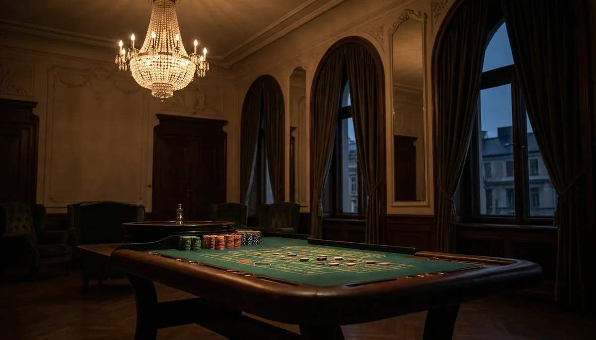Spieltisch mit grünem Filz in einem Saal mit Kronleuchter
