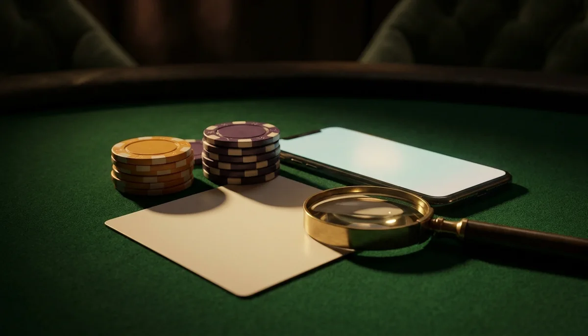 Ausweiskarte, Chips und eine Lupe auf grünem Casino-Filz