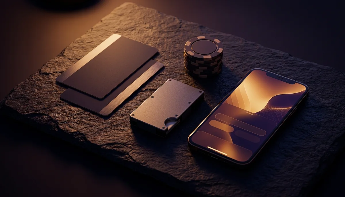 Bankkarten, Hardware-Wallet und ein Chip auf Schiefer