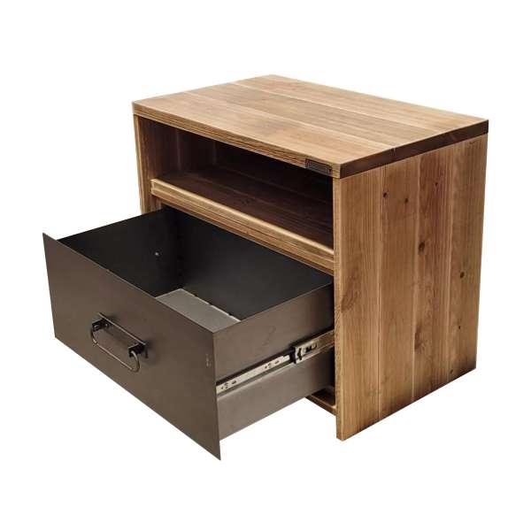 ISOLA LOFT – comodino con cassetto in legno massiccio e acciaio dal design industriale
