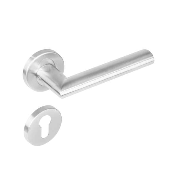 DOOR HANDLE GIRONA ON ROSETTE Ø53X8 MM EN1906/4 WITH PZ ROSETTES BRUSHED STAINLESS STEEL