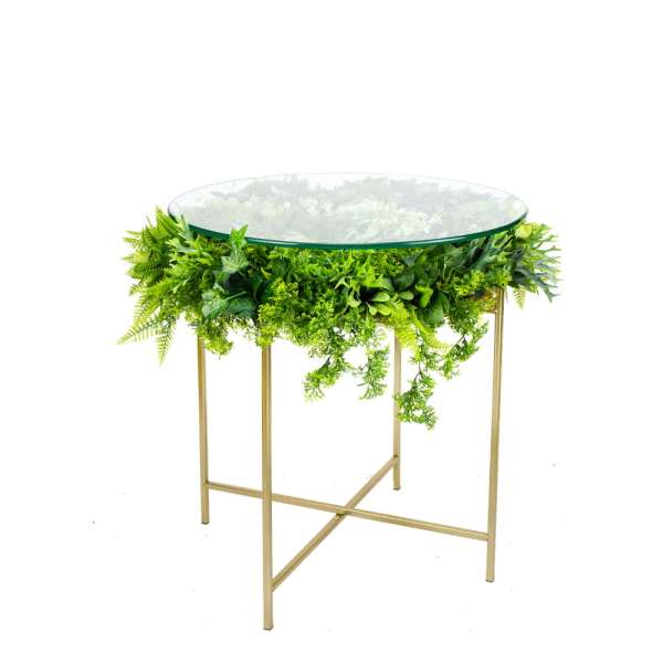 Table basse avec plateau en verre et plantes artificielles 60x60cm