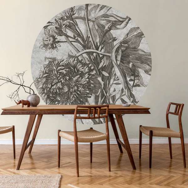 Fleur grise - Papier peint autocollant en forme de cercle avec structure en lin