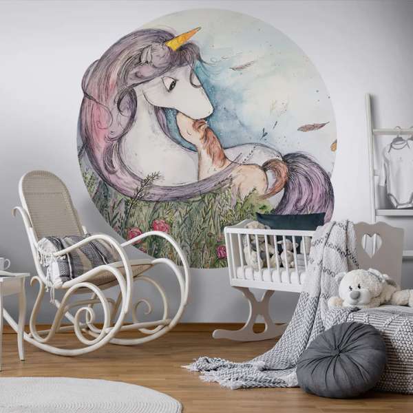 Wild Unicorn - Papier peint autocollant en forme de cercle avec structure en lin
