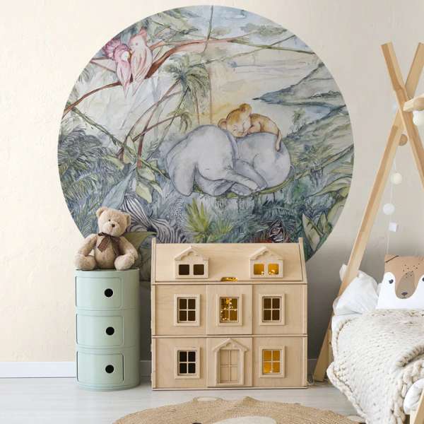 Wild Life - self-adhesive wallpaper in a circle shape with a linen structure