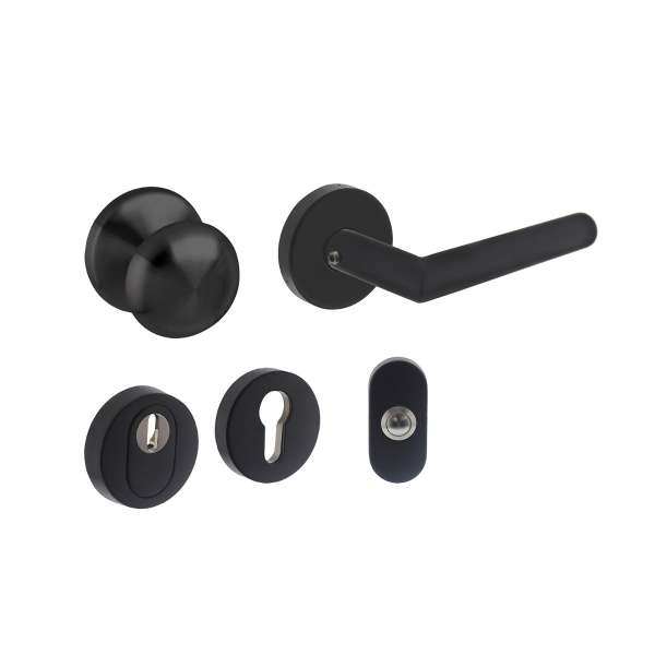 BASE HOUSE DOOR SET PROTECTIVE FITTING SKG*** ROUND STAINLESS STEEL BLACK WITH CORE PULL PROTECTION