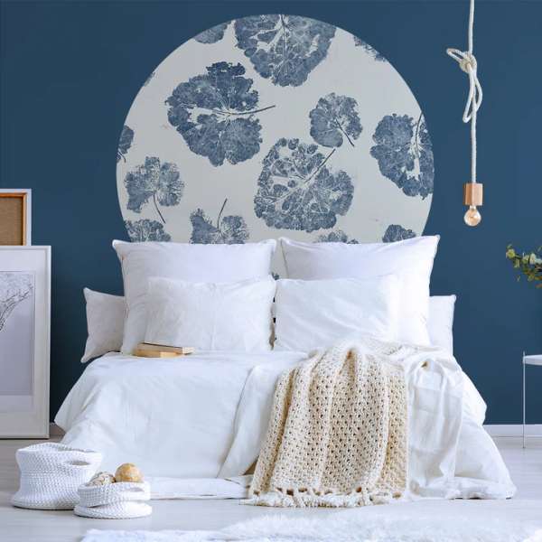 Foglia Navy - self-adhesive wallpaper in a circle shape with a linen structure