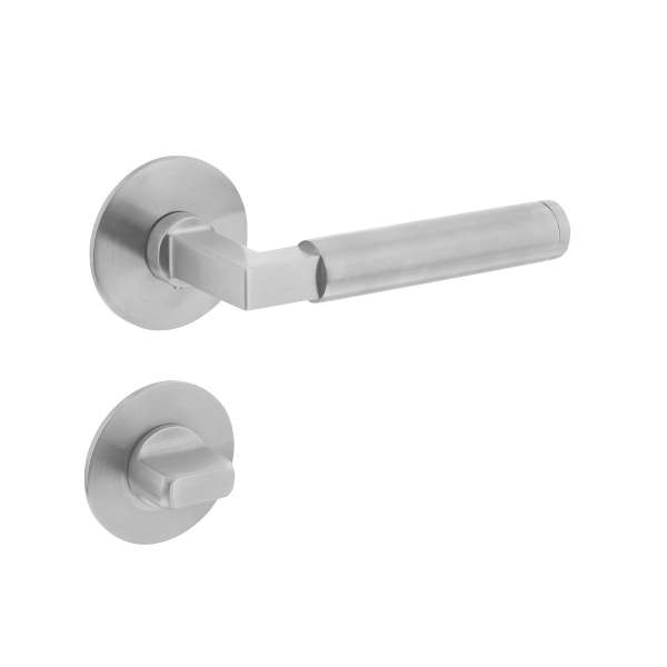 DOOR HANDLE CONSTRUCTION STYLE ON MAGNET ROSETTE Ø52X3 MM WITH BATHROOM/TOILET 8 MM BRUSHED STAINLESS STEEL