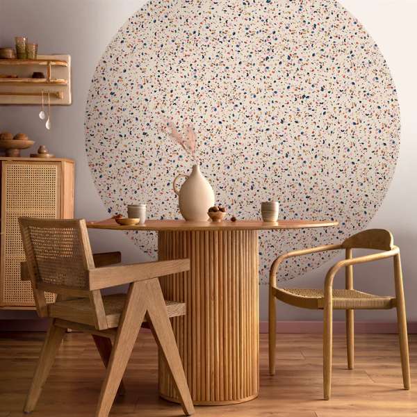 Terrazzo Pink: papel pintado autoadhesivo en forma de círculo con estructura de lino