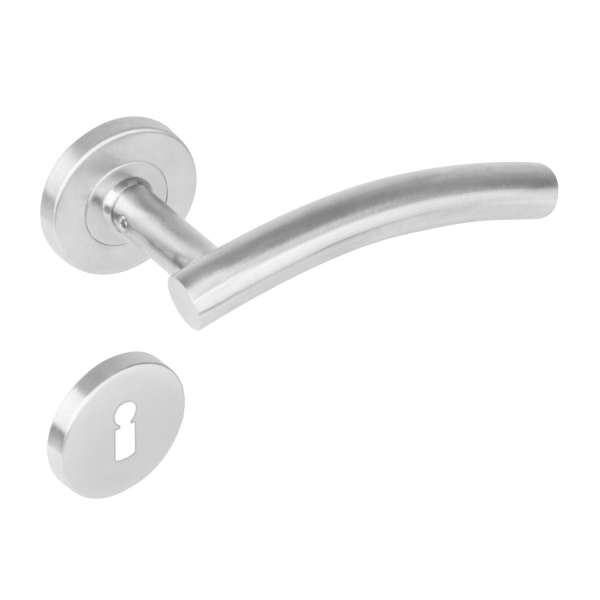 DOOR HANDLE CURVED ON ROSETTE Ø53X8 MM EN1906/4 WITH BB ROSETTES BRUSHED STAINLESS STEEL