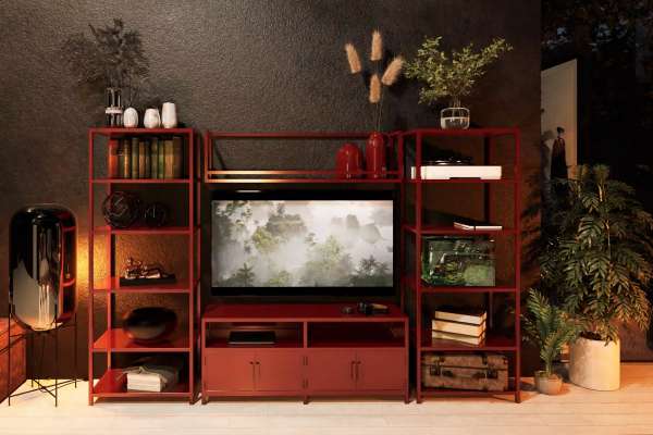 GRID FRAME - Mueble TV alto con estantes de paneles de chapa de acero