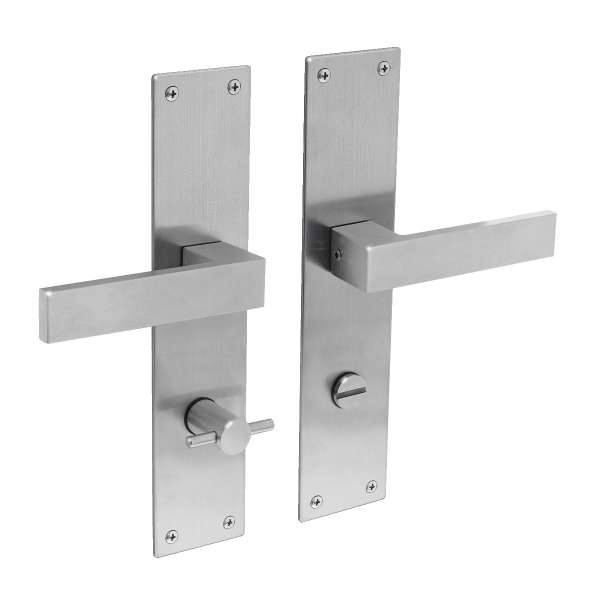 DOOR HANDLE AMSTERDAM ON PLATE 250X55X2 MM WITH BATH/WC 78 MM + 8 MM PIN BRUSHED STAINLESS STEEL