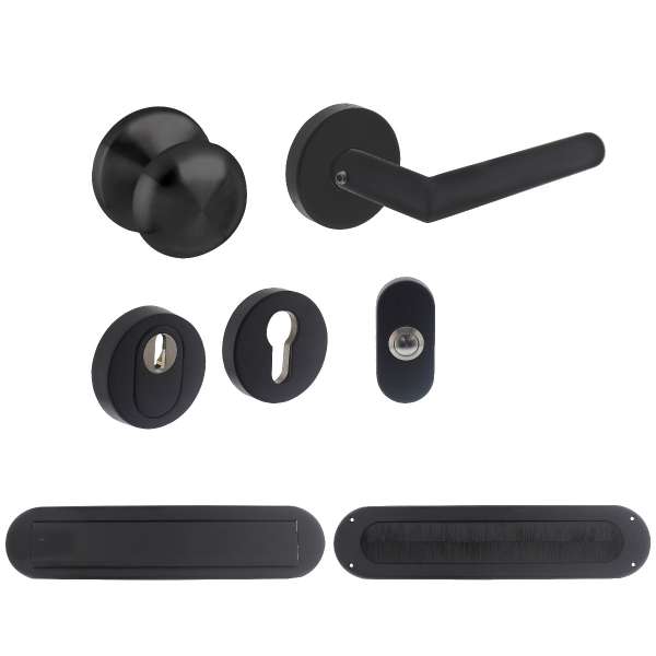 FRONT DOOR SET PROTECTIVE FITTING SKG*** ROUND ROSE STAINLESS STEEL BLACK WITH CANDLE PULL PROTECTION