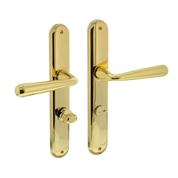 DOOR HANDLE YVONNE ON PLATE 238X40X10 MM WITH BATH/WC 78 MM + 8 MM PIN PAINTED BRASS
