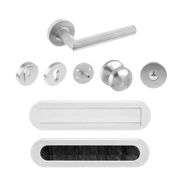 HOUSE DOOR SET PROTECTIVE FITTING SKG*** ROUND ROSETTE BRUSHED STAINLESS STEEL WITH CORE PULL PROTECTION