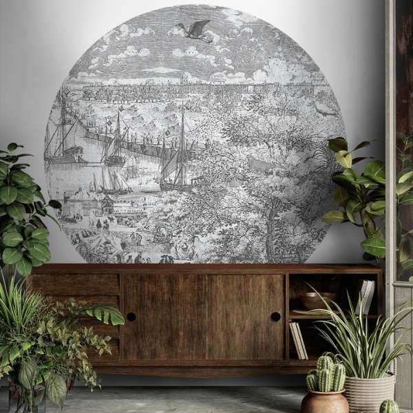 Gulliver Gray II - self-adhesive wallpaper in a circle shape with a linen structure