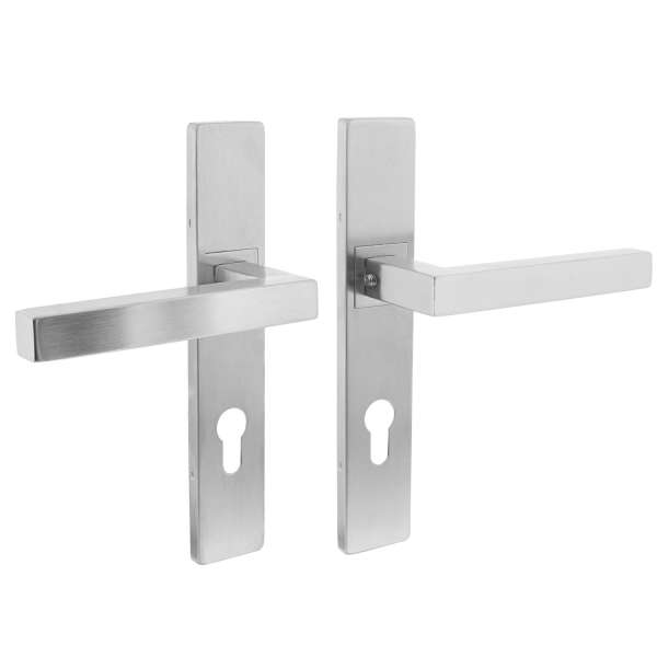 SQUARE DOOR HANDLE ON RECTANGULAR PLATE WITH PROFILE CYLINDER HOLE 72 MM BRUSHED STAINLESS STEEL